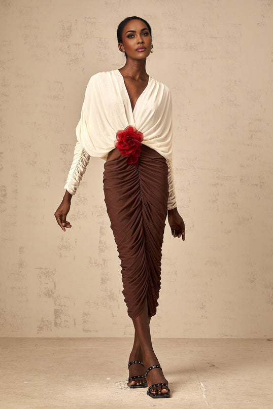 Elizabeth White Red Brown Flower Brooch Ruched Midi Dress