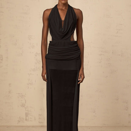 Ella Black Halterneck Maxi Dress with Plunging V-neck and Open Back