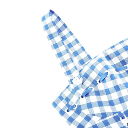 Ella Blue Gingham Ribbon Square Neck Midi Dress with Welt Pockets