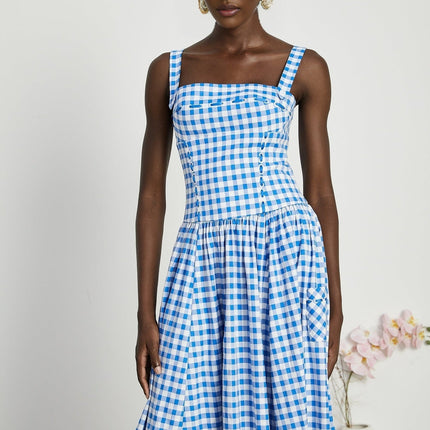 Ella Blue Midi Dress with Gingham Ribbon Detailing and Welt Pockets