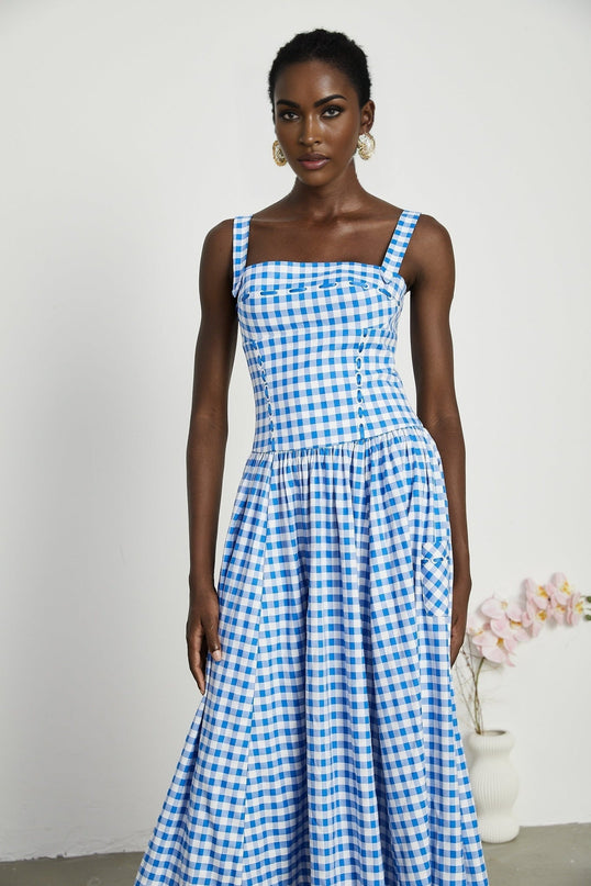 Ella Blue Midi Dress with Gingham Ribbon Detailing and Welt Pockets