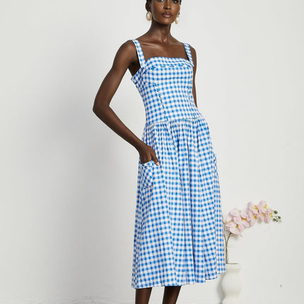 Ella Blue Midi Dress with Gingham Ribbon Detailing and Welt Pockets