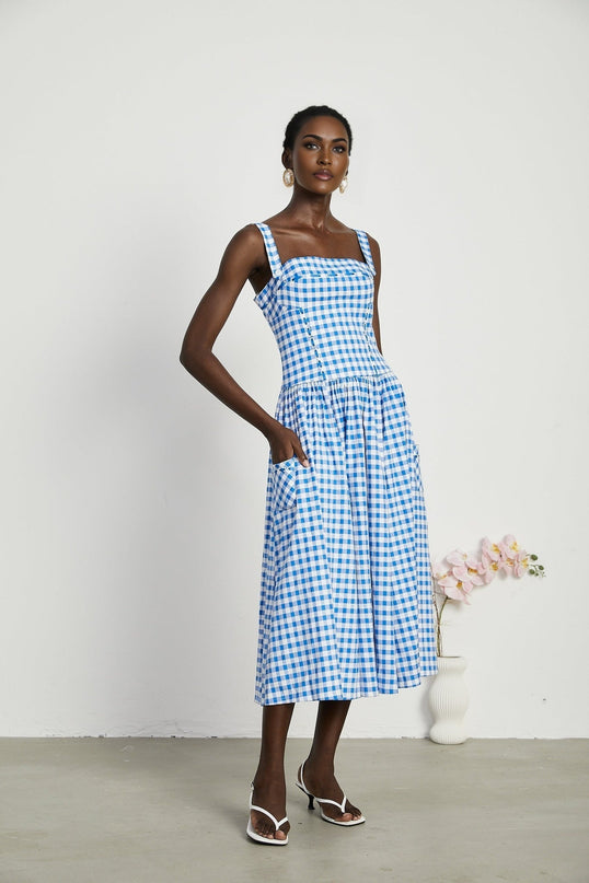 Ella Blue Midi Dress with Gingham Ribbon Detailing and Welt Pockets