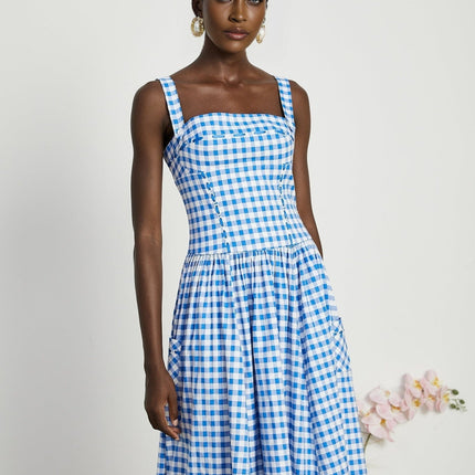 Ella Blue Midi Dress with Gingham Ribbon Detailing and Welt Pockets