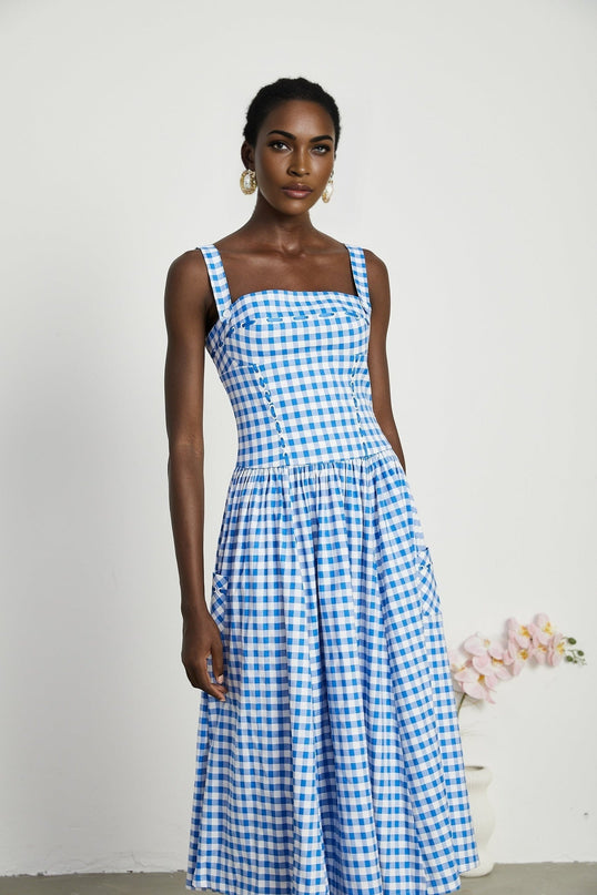 Ella Blue Midi Dress with Gingham Ribbon Detailing and Welt Pockets