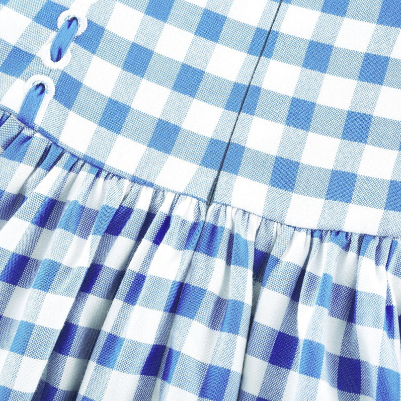 Ella Blue Midi Dress with Gingham Ribbon Detailing and Welt Pockets