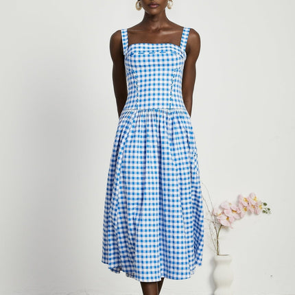 Ella Blue Midi Dress with Gingham Ribbon Detailing and Welt Pockets
