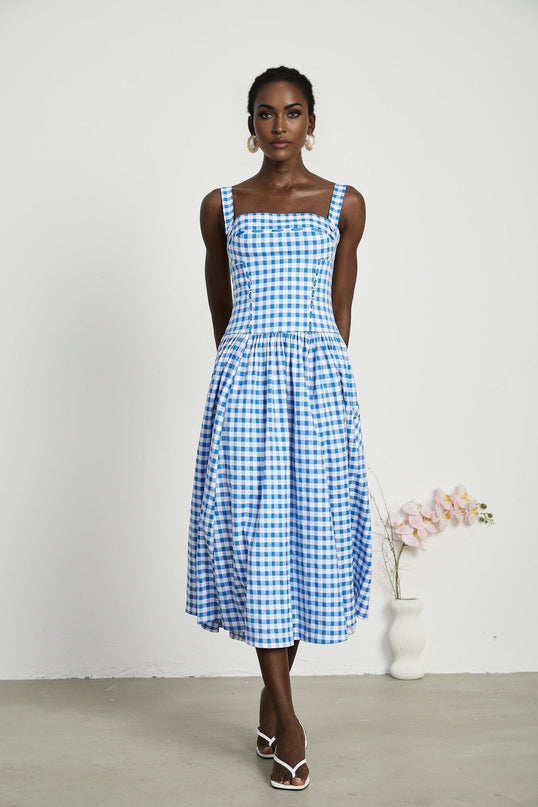 Ella Blue Midi Dress with Gingham Ribbon Detailing and Welt Pockets