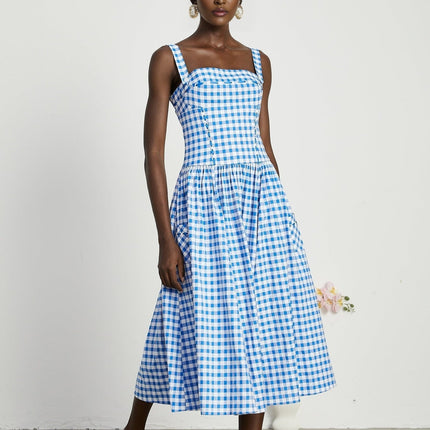 Ella Blue Midi Dress with Gingham Ribbon Detailing and Welt Pockets