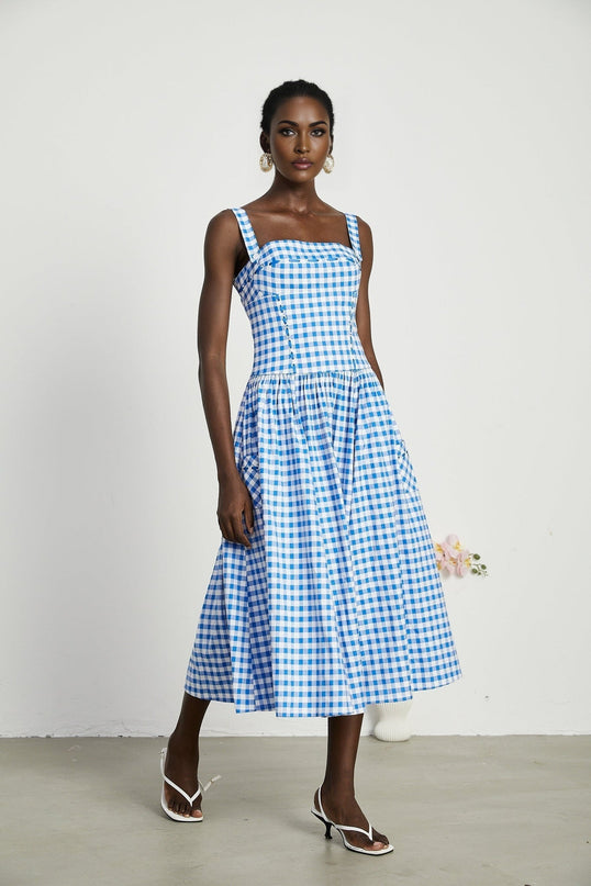 Ella Blue Midi Dress with Gingham Ribbon Detailing and Welt Pockets
