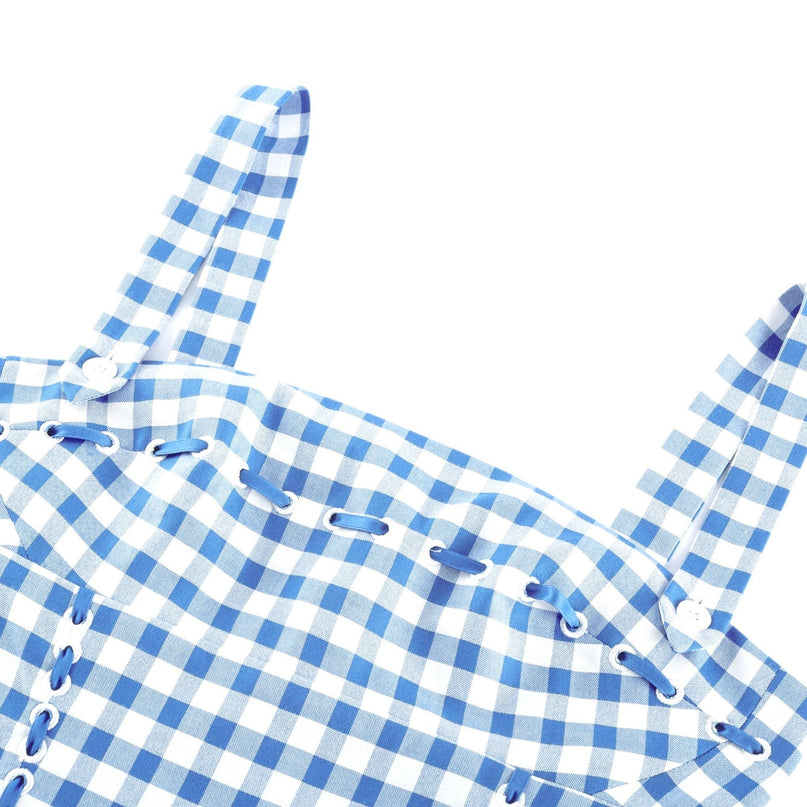 Ella Blue Midi Dress with Gingham Ribbon Detailing and Welt Pockets