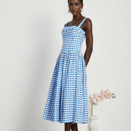 Ella Blue Midi Dress with Gingham Ribbon Detailing and Welt Pockets