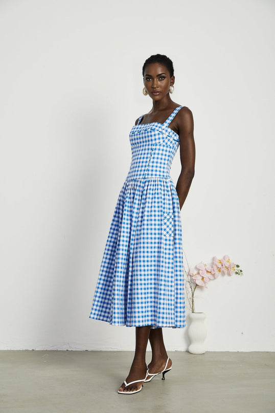 Ella Blue Midi Dress with Gingham Ribbon Detailing and Welt Pockets