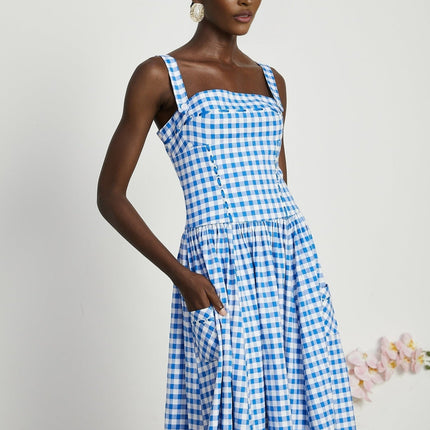 Ella Blue Midi Dress with Gingham Ribbon Detailing and Welt Pockets