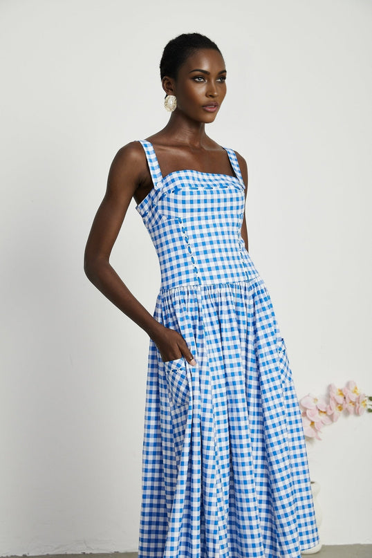 Ella Blue Midi Dress with Gingham Ribbon Detailing and Welt Pockets