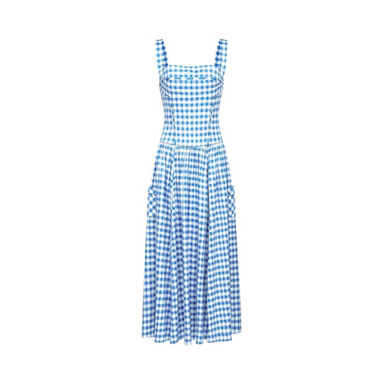 Ella Blue Square Neck Midi Dress with Gingham Ribbon Detailing and Welt Pockets