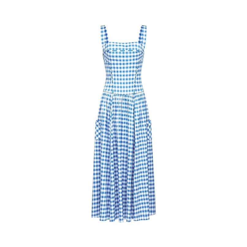 Ella Blue Square Neck Midi Dress with Gingham Ribbon Detailing and Welt Pockets