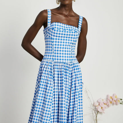 Ella Blue Midi Dress Square Neck Gingham Ribbon Detail Welt Pockets Rear Zip Fastening