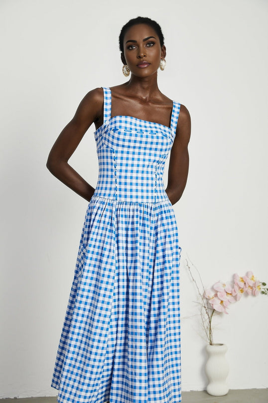 Ella Blue Midi Dress Square Neck Gingham Ribbon Detail Welt Pockets Rear Zip Fastening