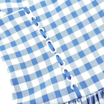 Ella Blue Midi Dress Square Neck Gingham Ribbon Detailing Welt Pockets Rear Zip Fastening