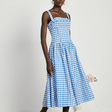Ella Blue Midi Dress Square Neck Gingham Ribbon Detail Welt Pockets Spandex Viscose Terylene Zip Fastening