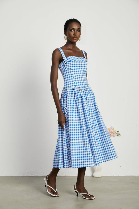 Ella Blue Midi Dress Square Neck Gingham Ribbon Detail Welt Pockets Spandex Viscose Terylene Zip Fastening