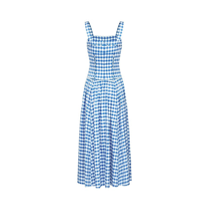 Ella Blue Midi Dress with Gingham Ribbon Detailing and Welt Pockets