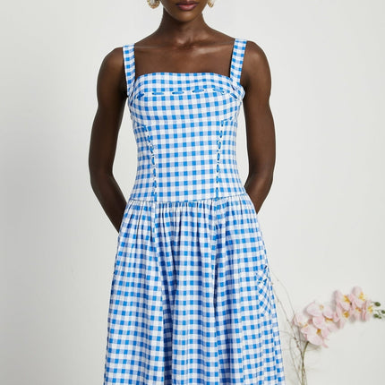 Ella Blue Midi Dress Square Neck Gingham Ribbon Detailing Welt Pockets Spandex Viscose Terylene Zip Fastening