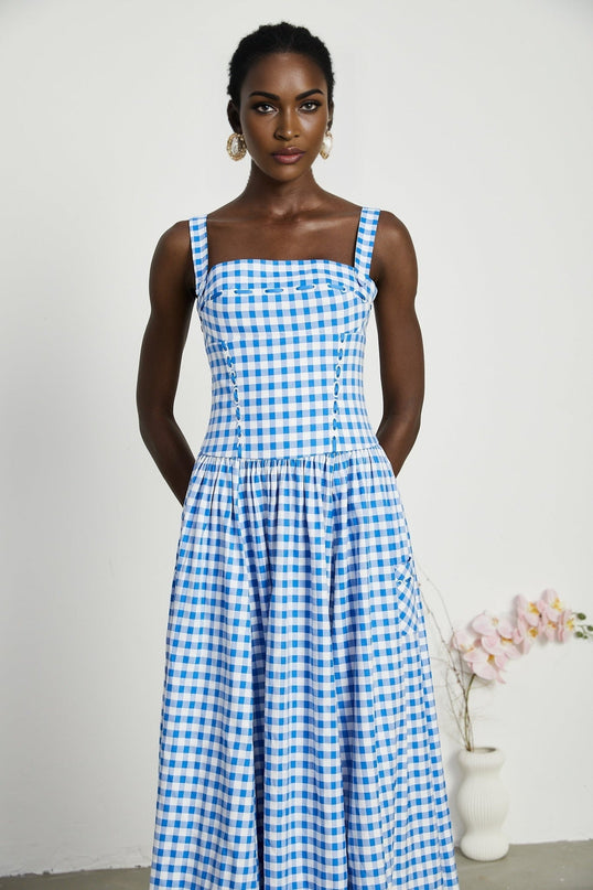 Ella Blue Midi Dress Square Neck Gingham Ribbon Detailing Welt Pockets Spandex Viscose Terylene Zip Fastening