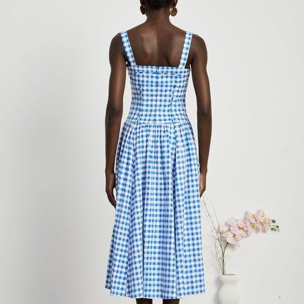 Ella Blue Midi Dress Square Neck Gingham Ribbon Detail Welt Pockets Rear Zip Fastening
