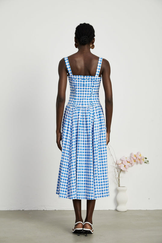 Ella Blue Midi Dress Square Neck Gingham Ribbon Detail Welt Pockets Rear Zip Fastening