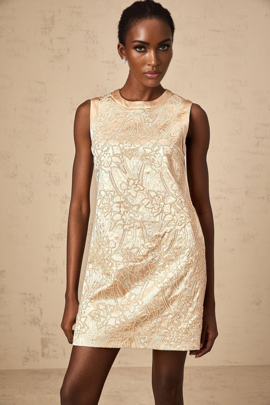 Ella Champagne Beaded Flower Mini Dress in Terylene Fiber