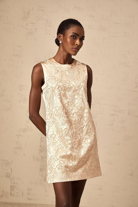 Ella Champagne Beaded Mini Dress with Flower Appliqués