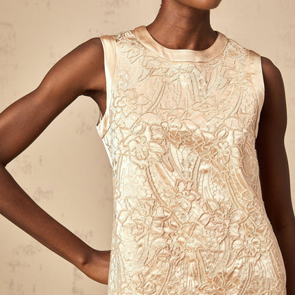 Ella Champagne Beaded Mini Dress with Flower Appliques