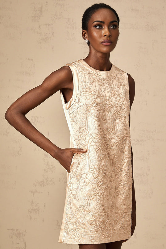 Ella Champagne Beaded Mini Dress with Flower Appliqués
