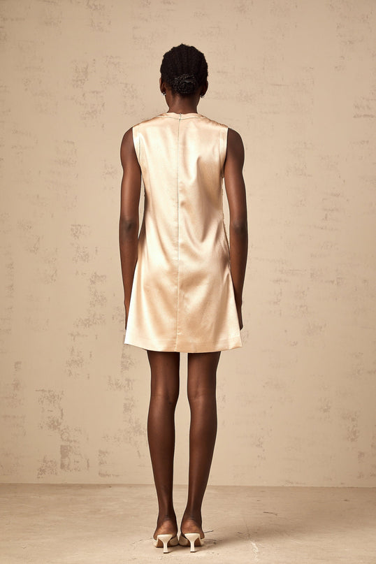 Ella Champagne Beaded Mini Dress with Flower Appliqués