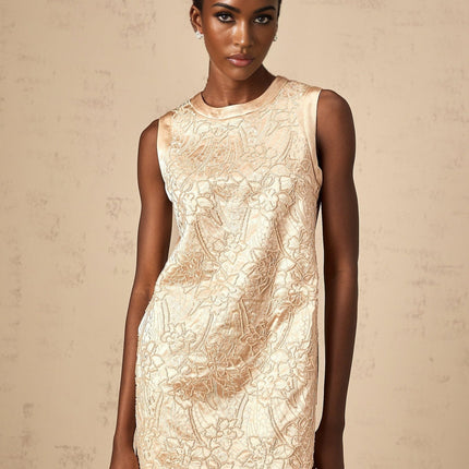 Ella Champagne Beaded Mini Dress with Flower Appliques Sleeveless Crew Neck Straight Hem Rear Zip Fastening Thigh-Length Luxurious Terylene Fiber Elegant Sophisticated Glamour Special Occasions Events