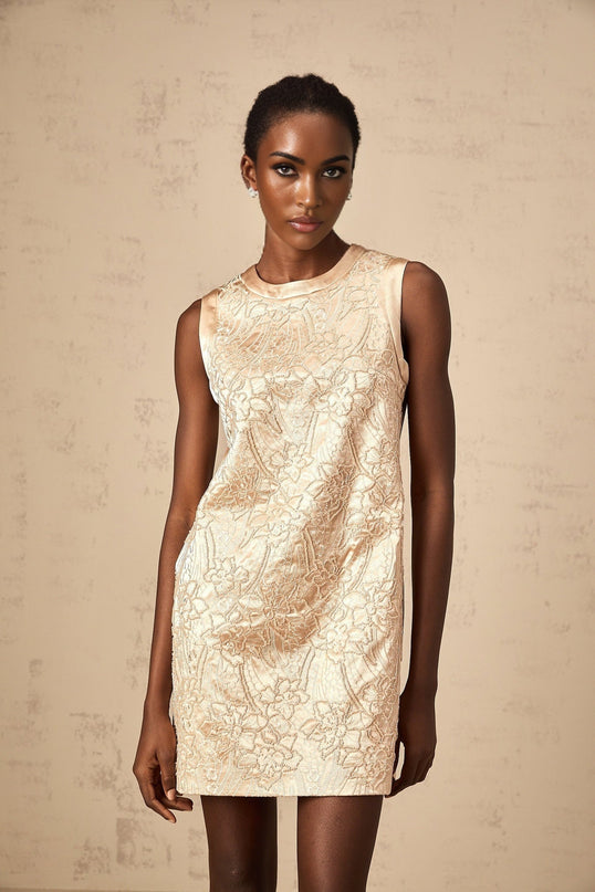 Ella Champagne Beaded Mini Dress with Flower Appliques Sleeveless Crew Neck Straight Hem Rear Zip Fastening Thigh-Length Luxurious Terylene Fiber Elegant Sophisticated Glamour Special Occasions Events