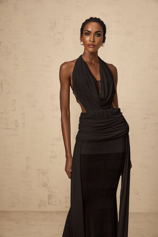 Ella Chic Halterneck Maxi Dress Black Ruched Open Back V-Neck Self-Tie Zip Fastening Luxury Spandex Terylene Blend
