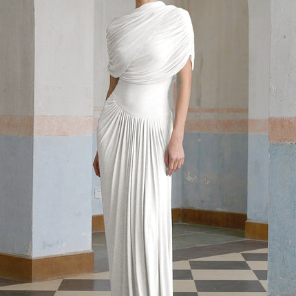 Ella Crisp Maxi Dress White Elegant Luxury Shawl Pleated Asymmetric Sleeveless Floor-Length Polyamide Elastane