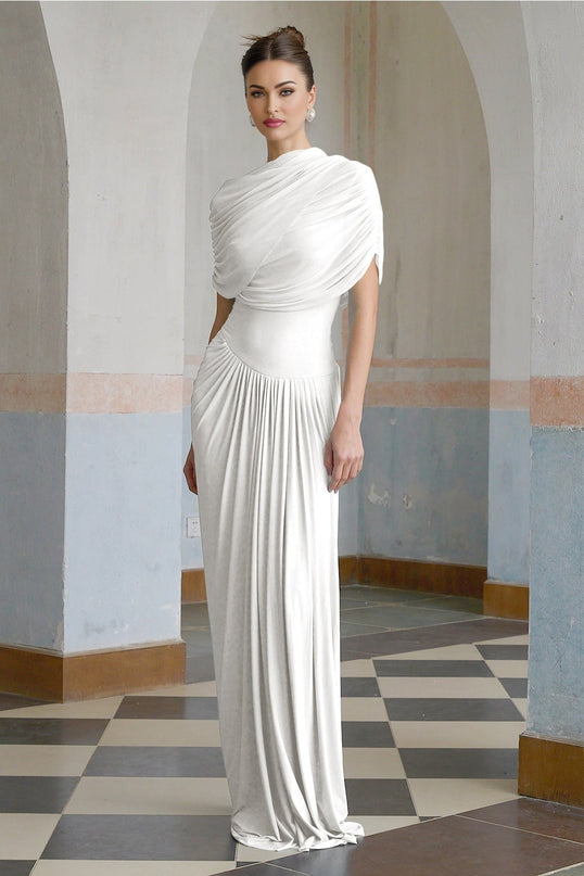 Ella Crisp Maxi Dress White Elegant Luxury Shawl Pleated Asymmetric Sleeveless Floor-Length Polyamide Elastane