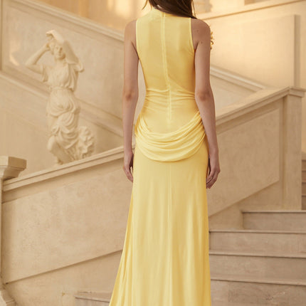 Ella Maxi Dress in Yellow with Turtleneck Design and Draped Train