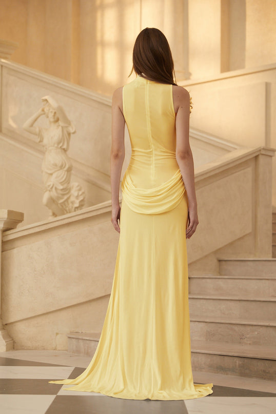 Ella Maxi Dress in Yellow with Turtleneck Design and Draped Train