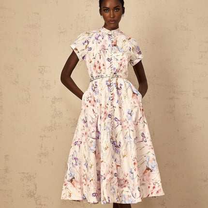 Ella White Multicolor Floral Midi Dress with Button Detailing and Waist Belt