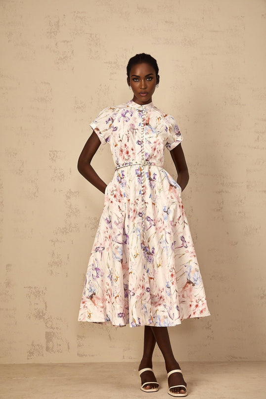 Ella White Multicolor Floral Midi Dress with Button Detailing and Waist Belt
