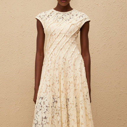 Ella Neutrals Floral Lace Pleated Midi Dress