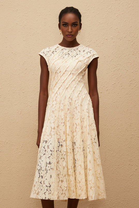 Ella Neutrals Floral Lace Pleated Midi Dress