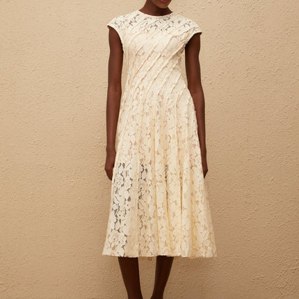 Ella Neutrals Floral Lace Pleated Midi Dress
