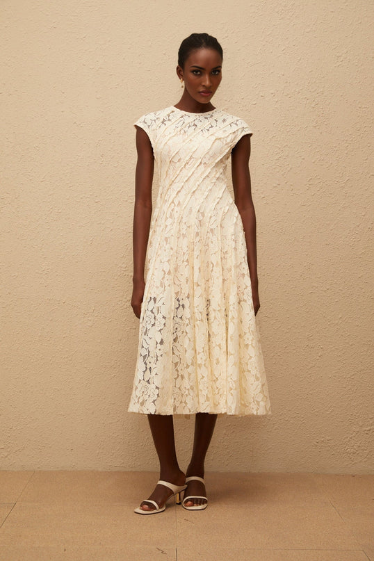 Ella Neutrals Floral Lace Pleated Midi Dress