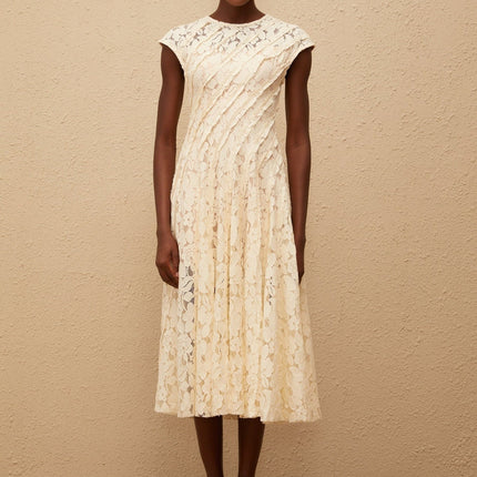Ella Neutrals Floral Lace Pleated Midi Dress